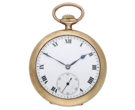 Swiss. A gold open-faced keyless watch, 1924. Movement: jewelled lever escapement, no. 252243. Dial: white enamel, Roman nume
