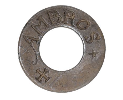 An early 17th century silver vervel or hawking ring, the annular ring inscribed in capitals, +AMBROS* +PVDSE.. *, diameter 14