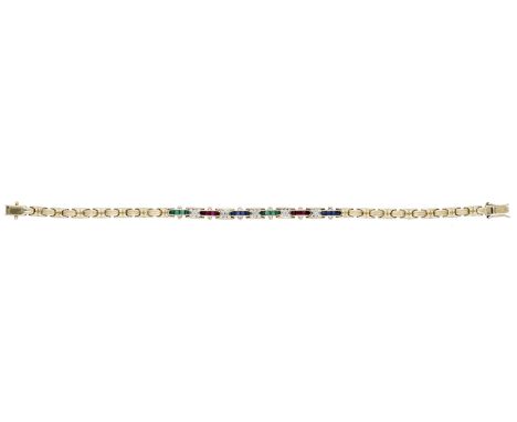 A vari gem-set bracelet, the articulated bracelet channel-set with combination of calibré-cut sapphires, rubies and emeralds 