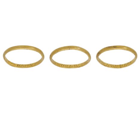 A gold posy ring, early 19th century, the band of D-shaped cross-section, the interior inscribed ‘Hearts united live contente