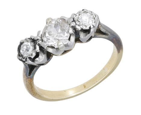 A diamond three stone ring, set with three graduated old brilliant-cut diamonds, total diamond weight approximately 0.85 cara