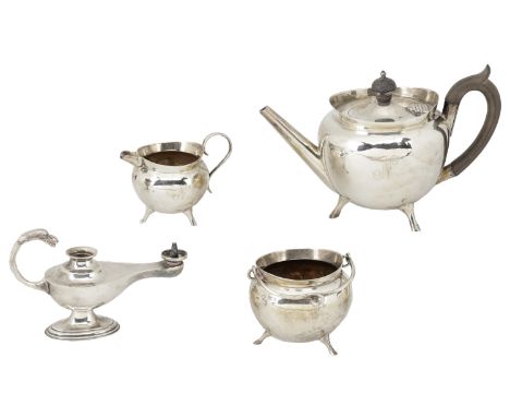 A silver bachelor’s tea set, by Mappin & Webb, comprising small teapot, sugar bowl and milk jug, of globular design, the tea 