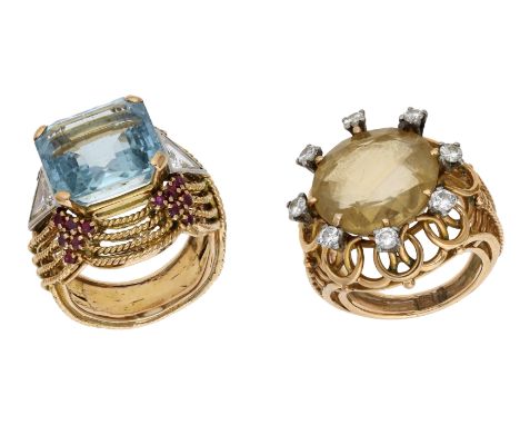Two mid 20th century gem-set dress rings, the first set with a step-cut aquamarine between triangular-cut diamond shoulders, 