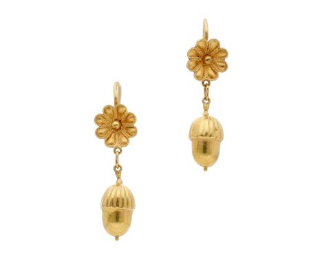 A pair of earrings by Lalaounis, the flowerhead surmounts with bead and wirework detailing, each suspending an acorn drop, ma