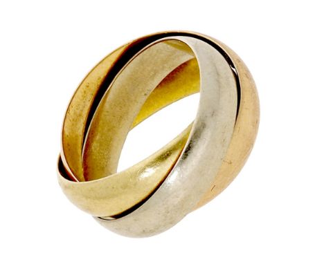 A trinity ring, of tricolour design, stamped ‘750’, ring size approximately I.  £220-£260  ---  Condition Report General ligh