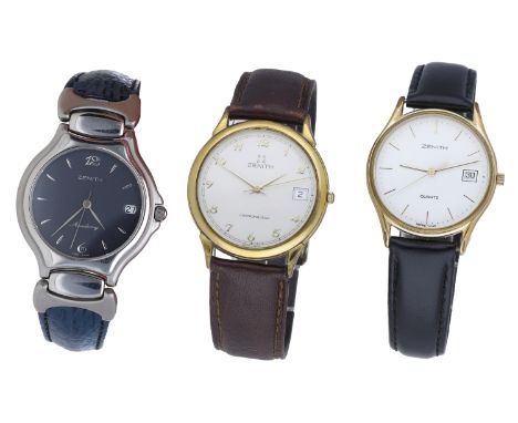 Zenith. Three wristwatches with date, circa 1990. Movements: quartz. Dials: 1st black; 2nd: silvered; 3rd: silvered. Cases: s
