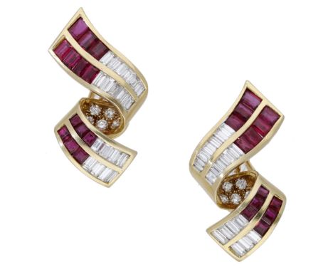 A pair of ruby and diamond earrings, the ribbon scrolls set with calibré-cut rubies and diamonds and with brilliant-cut diamo