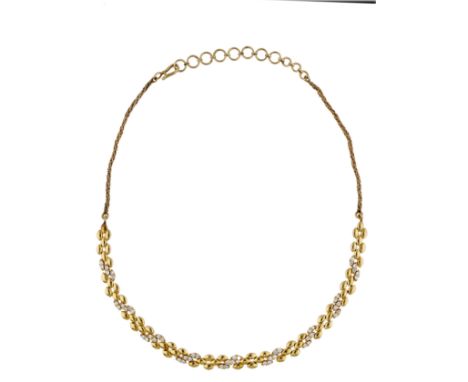 A diamond necklace, later adapted from a bracelet, composed of polished lozenge-shaped links spaced by brilliant-cut diamonds