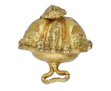 A 16th century Elizabethan gold button, of  hollow cast domed form, the front richly ornamented and segmented, a rosette to t