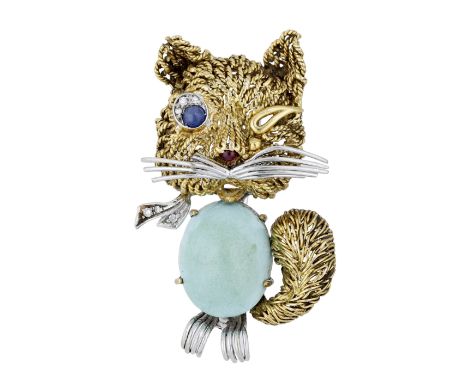 An 18ct gold and gem-set novelty brooch, circa 1960, designed as a winking cat, with a turquoise cabochon body with similarly