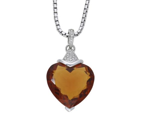 A citrine and diamond set heart pendant, the heart-shaped citrine below a brilliant-cut diamond surmount and similarly-set de