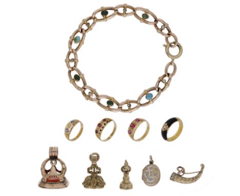 A collection of antique jewellery, to include an enamel, pearl and hairwork memorial ring by Sorley of Glasgow, a turquoise a