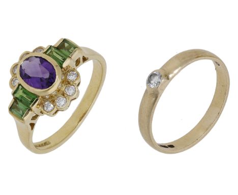 Two gem-set rings, comprising an 18ct gold dress ring set with an oval-cut amethyst within a brilliant-cut diamond surround w
