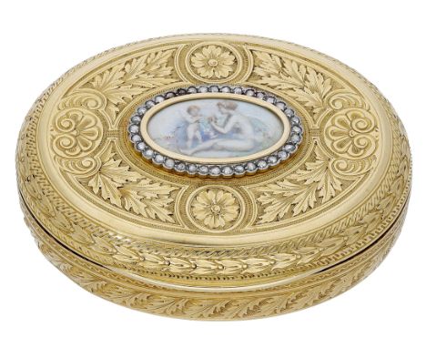 An Italian gold snuff box, of oval form, the hinged lid inset with a glazed painted scene of Cupid and Venus, the goddess of 