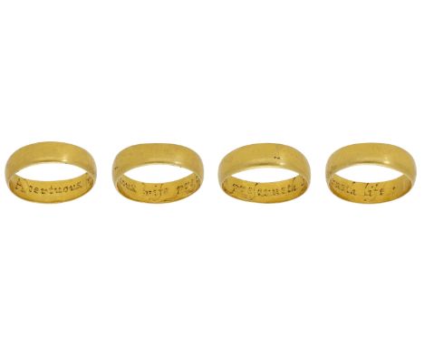 A gold posy ring, circa 1660, the hoop of rectangular cross section, inscribed to the interior ‘A vertuous wife preserveth li