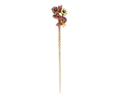 An enamel floral stick pin, circa 1900, modelled as two flowers, one pink and one cream, each centred with a rose-cut diamond
