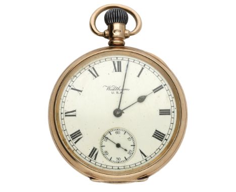 Waltham. A gold open-faced keyless watch, 1920. Movement: lever escapement, 17 jewels, no. 22069473. Dial: white enamel dial,