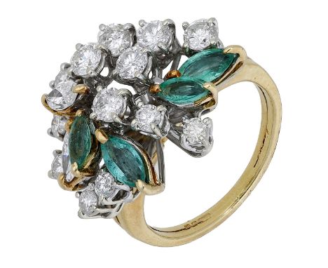An emerald and diamond dress ring, the stylised cluster set with brilliant and marquise-cut diamonds and marquise-cut emerald