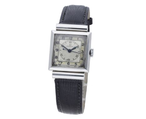 Omega. A square stainless steel wristwatch with hooded lugs, circa 1935. Movement: manual winding, 15 jewels, no. 8677797. Di