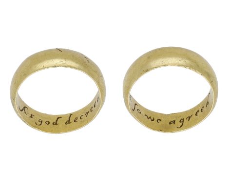 A gold posy ring, circa 1660-1680, the hoop of D-shaped cross section, inscribed to the interior in italics ‘As god decreed s