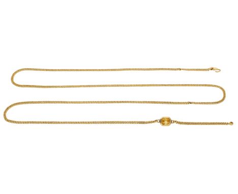 A gem-set long chain, the curb-link chain spaced by an octagonal mixed-cut citrine, length approximately 83.5cm.   £600-£800 