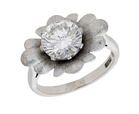 A diamond single stone ring, the brilliant-cut diamond, weighing 2.19 carats, within a textured flowerhead surround, stamped 