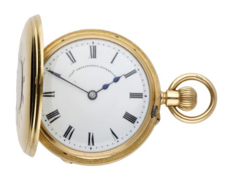 Josh Penlington, Liverpool. A gold half-hunting cased keyless watch, 1883. Movement: gilded three quarter plate, lever escape