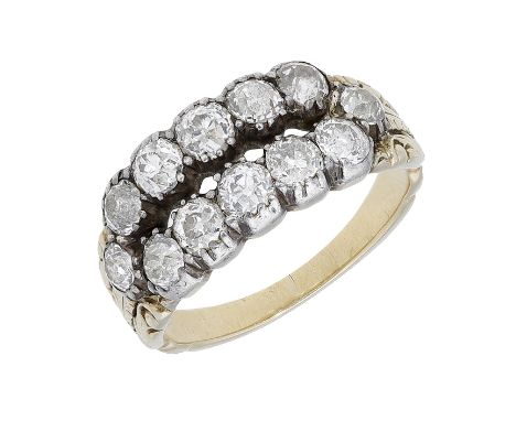An early 19th century diamond ring, the tapered band set to the front with two rows of old brilliant-cut diamonds, to similar