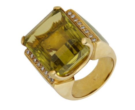 A quartz and enamel dress ring by Alberto Felicio, the step-cut green quartz  between brilliant-cut diamond shoulders, to a t