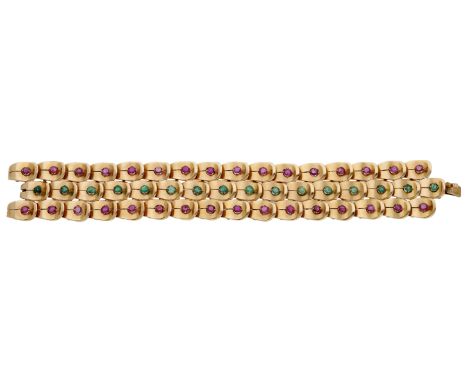 A mid 20th century gem-set bracelet, the articulated strap formed as a series of overlapping and pierced panels set with circ