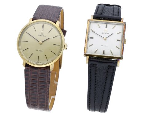 Omega. Two gold plated wristwatches, Ref. 111.077 & Ref. 111.07, De Ville, circa 1969. Movements: manual winding. Dials: 1st: