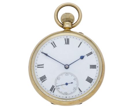 Unsigned. A gold open-faced keyless watch, 1920. Movement: gilded three quarter plate, lever escapement, no. 341483. Dial: wh