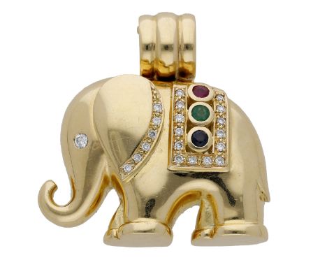 A gem-set elephant pendant, the polished elephant with circular-cut ruby, emerald and sapphire highlights and brilliant-cut d