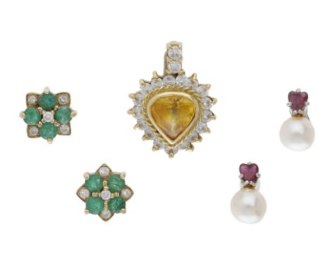 A gem-set pendant and two pairs of earrings, comprising a heart-shaped citrine and brilliant-cut diamond pendant, together wi