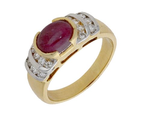 A ruby and diamond ring, the oval ruby cabochon set between stepped brilliant-cut diamond shoulders, stamped ‘18K’, ring size