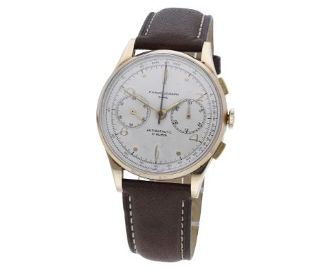 Chronograph Suisse. A gold chronograph wristwatch, Antimagnetic, circa 1950. Movement: manual winding, 17 jewels. Dial: silve