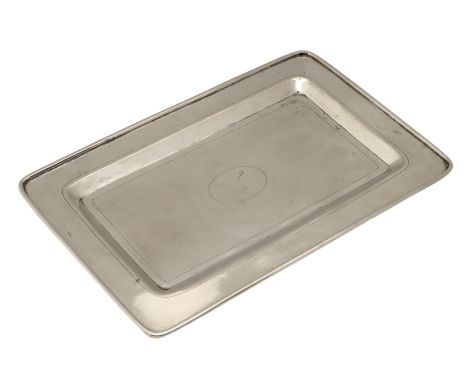 A Chinese export silver tray, circa 1910, of rectangular panelled form, stipple decorated, on flattened bun feet, stamped mar