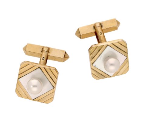 A pair of cultured pearl cufflinks, the cut-cornered panels centred with a cultured pearl on a lozenge-shaped mother-of-pearl