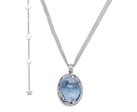 A blue topaz and diamond ‘Cielo’ pendant by Pasquale Bruni, the oval fancy-cut blue topaz to a stylised mount with brilliant-