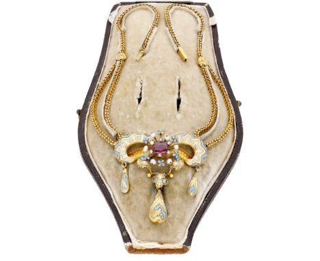 A mid 19th century gold enamel and gem-set necklace, the fancy-link chain leading to a bow frontispiece centred with a cushio
