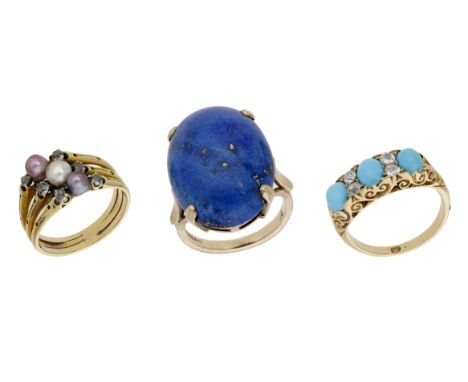 Three gem-set rings, comprising a cultured pearl and diamond triple stack ring, a 9ct gold and lapis lazuli dress ring, toget