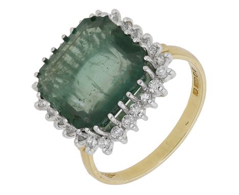 An 18ct gold emerald and diamond cluster ring, the octagonal mixed-cut emerald claw-set within a surround of brilliant-cut di