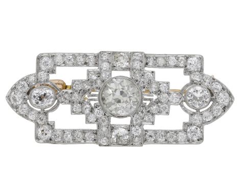 An Art Deco diamond brooch, circa 1930, the openwork panel set with a central old brilliant-cut diamond, weighing 1.96 carats