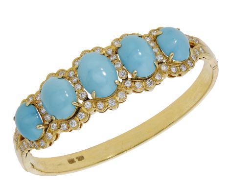 A turquoise and diamond bangle, the hinged bangle set to the front with a series of turquoise cabochon and brilliant-cut diam