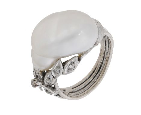 A mid 20th century cultured pearl and diamond ring, the baroque-shaped cultured pearl to a single-cut diamond-set foliate mou