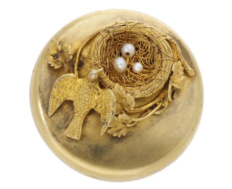 A mid to late 19th century novelty brooch, the circular brooch with bloomed finish and applied decoration realistically model