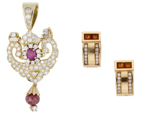 A ruby and diamond pendant and a pair of gem-set earrings, the pierced cartouche pendant set with an oval mixed-cut ruby with