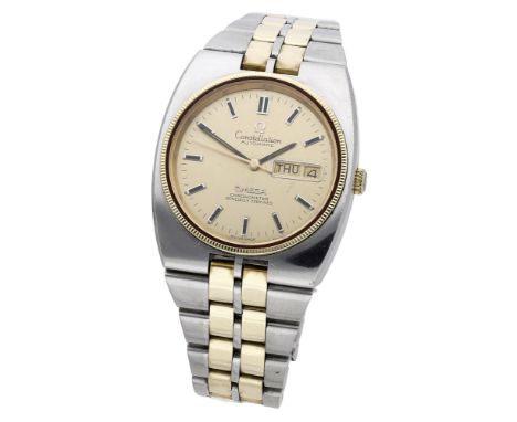 Omega. A stainless steel and gold automatic wristwatch with day and date, Ref. 168.0054, Constellation Chronometer, circa 197