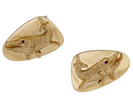 A pair of fish cufflinks by Tiffany & Co., circa 1970, each plain polished panel with applied textured fish, with a circular-