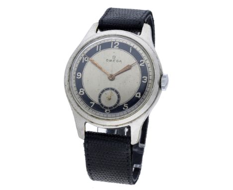 Omega. An oversized chrome plated wristwatch, circa 1940. Movement: manual winding pocket watch movement. Dial: silvered, bla